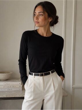 Xirena Women Pullover Sweater Black XL Cotton Cashmere Crew Neck Preppy